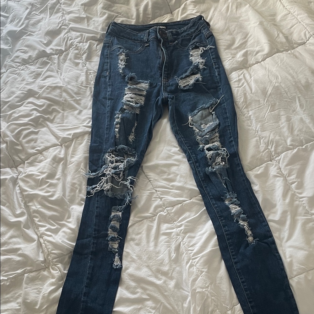 Fashion Nova Ripped Dark Blue Skinny Jeans